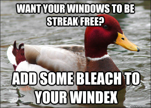 Want your windows to be streak free? Add some bleach to your windex  Malicious Advice Mallard