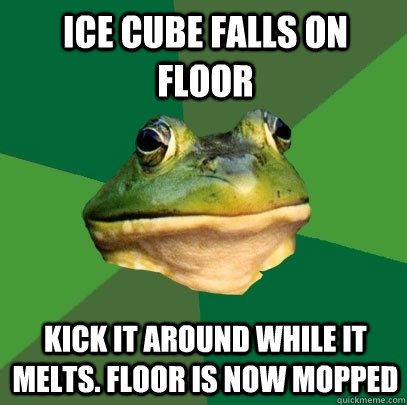 Ice Cube Falls on Floor Kick it around while it melts. Floor is now mopped  Foul Bachelor Frog