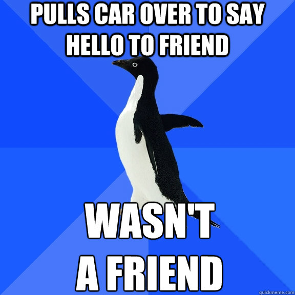 Pulls car over to say hello to friend Wasn't 
a friend respectful, intelligent, unselfish, and aware of how ignorant and shitty most people are.  Socially Awkward Penguin