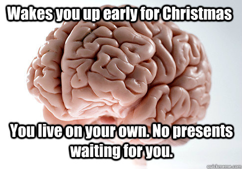 Wakes you up early for Christmas You live on your own. No presents waiting for you.   Scumbag Brain