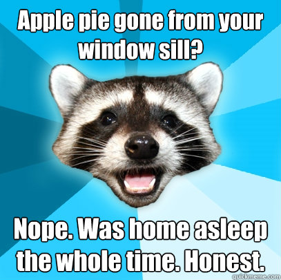 Apple pie gone from your window sill? Nope. Was home asleep the whole time. Honest.  Lame Pun Coon