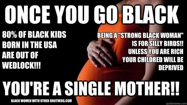 Once you go black You're a single mother!! 80% of Black kids born in the usa
are out of wedlock!!! Being a 