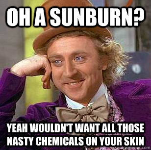 Oh a sunburn? Yeah wouldn't want all those nasty chemicals on your skin - Oh a sunburn? Yeah wouldn't want all those nasty chemicals on your skin  Condescending Wonka