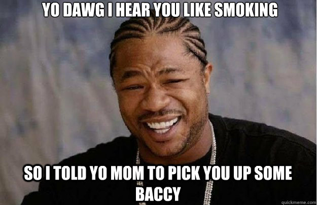 Yo dawg I hear you like smoking So I told yo mom to pick you up some baccy - Yo dawg I hear you like smoking So I told yo mom to pick you up some baccy  Xzibit Yo Dawg