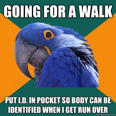 GOING FOR A WALK PUT I.D. IN POCKET SO BODY CAN BE IDENTIFIED WHEN I GET RUN OVER  Paranoid Parrot