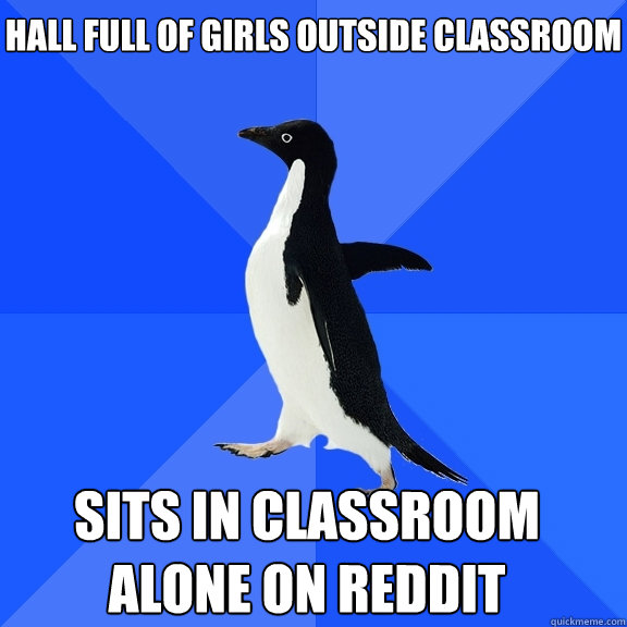 Hall full of girls outside classroom sits in classroom alone on reddit   - Hall full of girls outside classroom sits in classroom alone on reddit    Socially Awkward Penguin