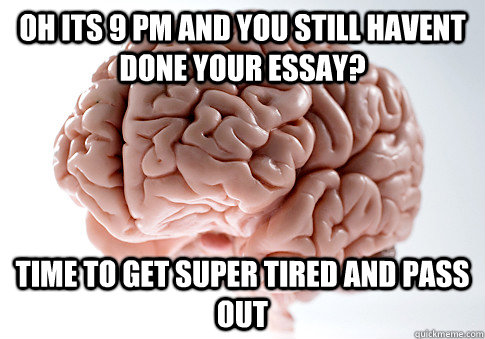 Oh its 9 pm and you still havent done your essay? Time to get super tired and pass out  Scumbag Brain