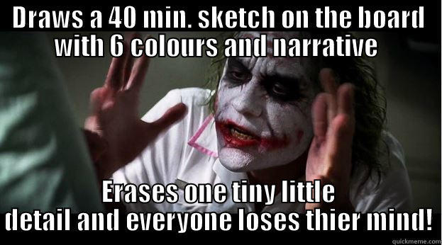 DRAWS A 40 MIN. SKETCH ON THE BOARD WITH 6 COLOURS AND NARRATIVE  ERASES ONE TINY LITTLE DETAIL AND EVERYONE LOSES THIER MIND! Joker Mind Loss