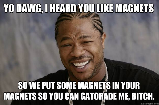 Yo dawg, I heard you like magnets So we put some magnets in your magnets so you can gatorade me, bitch.   - Yo dawg, I heard you like magnets So we put some magnets in your magnets so you can gatorade me, bitch.    Xzibit meme