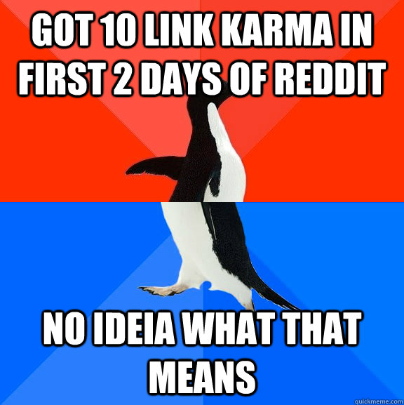 Got 10 link karma in first 2 days of reddit no ideia what that means  Socially Awesome Awkward Penguin