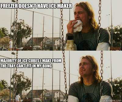 Freezer doesn't have ice maker majority of ice cubes I make from 
the tray can't fit in my bong  First World Stoner Problems