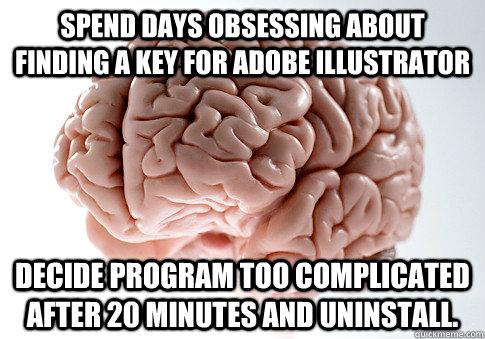 Spend days obsessing about finding a key for Adobe Illustrator Decide program too complicated after 20 minutes and uninstall.  Scumbag Brain