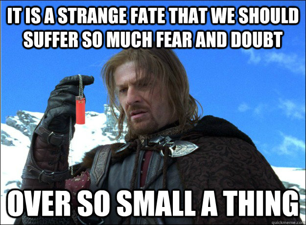 IT IS A STRANGE FATE THAT WE SHOULD SUFFER SO MUCH FEAR AND DOUBT OVER SO SMALL A THING  Boromir
