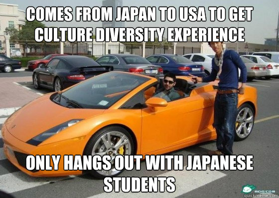 comes from japan to usa to get culture diversity experience only hangs out with japanese students  