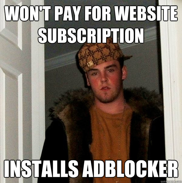 won't pay for website subscription installs adblocker  Scumbag Steve