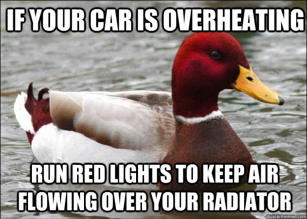 If your car is overheating run red lights to keep air flowing over your radiator  Malicious Advice Mallard