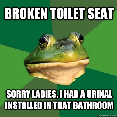 Broken toilet seat Sorry ladies, I had a urinal installed in that bathroom - Broken toilet seat Sorry ladies, I had a urinal installed in that bathroom  Foul Bachelor Frog