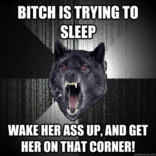 BITCH IS TRYING TO SLEEP Wake her ass up, and get her on that corner!  Insanity Wolf