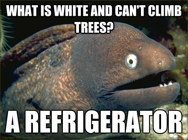 What is white and can't climb trees? A Refrigerator  - What is white and can't climb trees? A Refrigerator   Bad Joke Eel