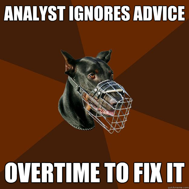 ANALYST IGNORES ADVICE OVERTIME TO FIX IT  