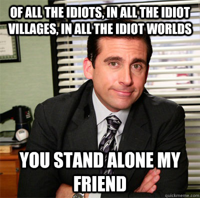 Of all the idiots, in all the idiot villages, in all the idiot worlds you stand alone my friend  