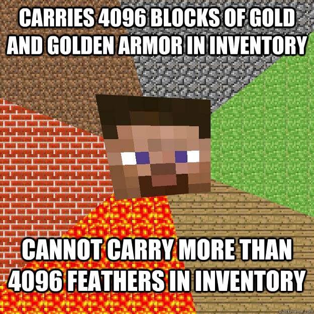 Carries 4096 blocks of gold and golden armor in inventory cannot carry more than 4096 feathers in inventory  Minecraft