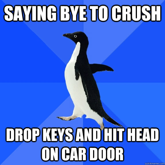 Saying bye to crush Drop keys and hit head on car door  Socially Awkward Penguin