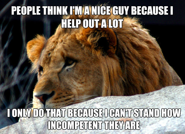 PEOPLE THINK I'M A NICE guy BECAUSE I HELP OUT A LOT I ONLY DO THAT BECAUSE I CAN'T STAND HOW INCOMPETENT THEY ARE  Confession Lion