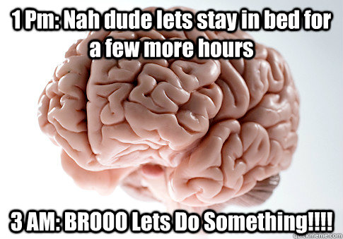 1 Pm: Nah dude lets stay in bed for a few more hours 3 AM: BROOO Lets Do Something!!!! - 1 Pm: Nah dude lets stay in bed for a few more hours 3 AM: BROOO Lets Do Something!!!!  Scumbag Brain