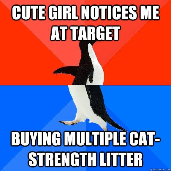 Cute girl notices me at Target Buying multiple cat-strength litter  Socially Awesome Awkward Penguin