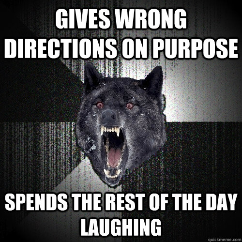 Gives wrong directions on purpose spends the rest of the day laughing  Insanity Wolf