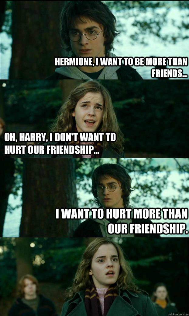 Hermione, I want to be more than friends... Oh, Harry, I don't want to hurt our friendship... I want to hurt more than our friendship.  Horny Harry