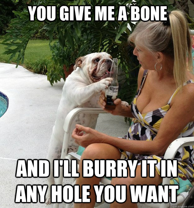 You give me a bone And I'll burry it in any hole you want  