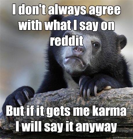 I don't always agree with what I say on reddit But if it gets me karma I will say it anyway  Confession Bear
