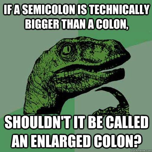 If a semicolon is technically bigger than a colon, shouldn't it be called an enlarged colon?  Philosoraptor