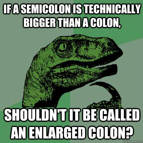 If a semicolon is technically bigger than a colon, shouldn't it be called an enlarged colon?  Philosoraptor