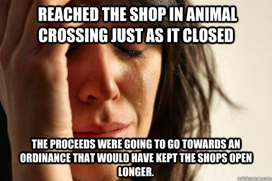  reached the shop in Animal Crossing just as it closed the proceeds were going to go towards an ordinance that would have kept the shops open longer.   First World Problems