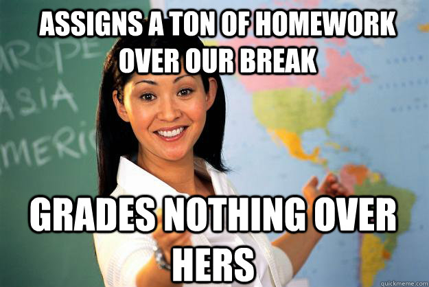 Assigns a ton of homework over our break grades nothing over hers  Unhelpful High School Teacher