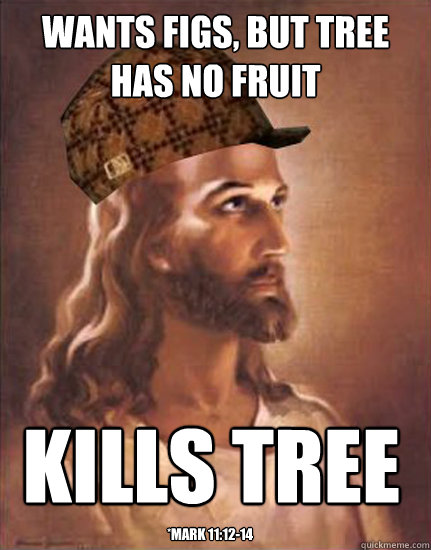 Wants figs, but tree has no fruit kills tree *Mark 11:12-14  Scumbag Jesus