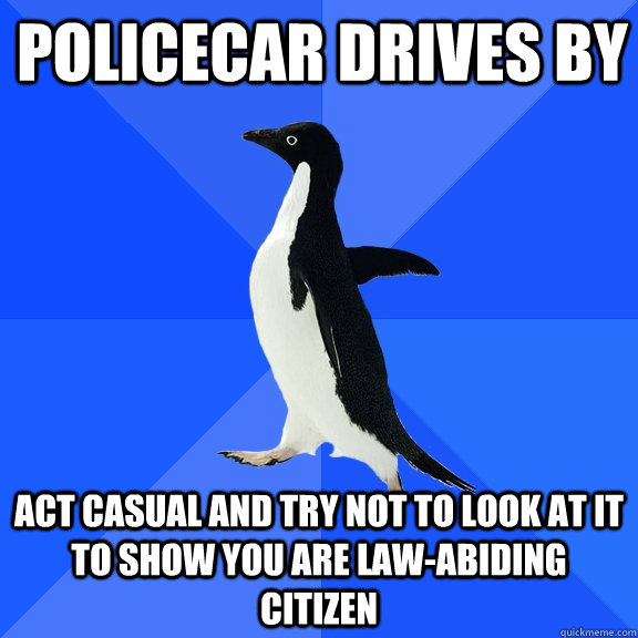 policecar drives by act casual and try not to look at it to show you are law-abiding citizen  Socially Awkward Penguin