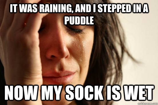 it was raining, and i stepped in a puddle now my sock is wet  First World Problems