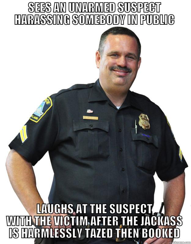 COMPETENT LAUGHING COP - SEES AN UNARMED SUSPECT HARASSING SOMEBODY IN PUBLIC LAUGHS AT THE SUSPECT WITH THE VICTIM AFTER THE JACKASS IS HARMLESSLY TAZED THEN BOOKED Good Guy Cop