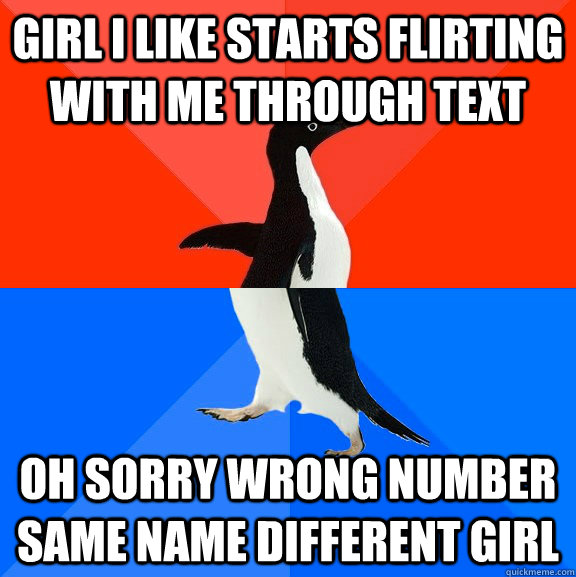 Girl i like starts flirting with me through text Oh sorry wrong number same name different girl  Socially Awesome Awkward Penguin