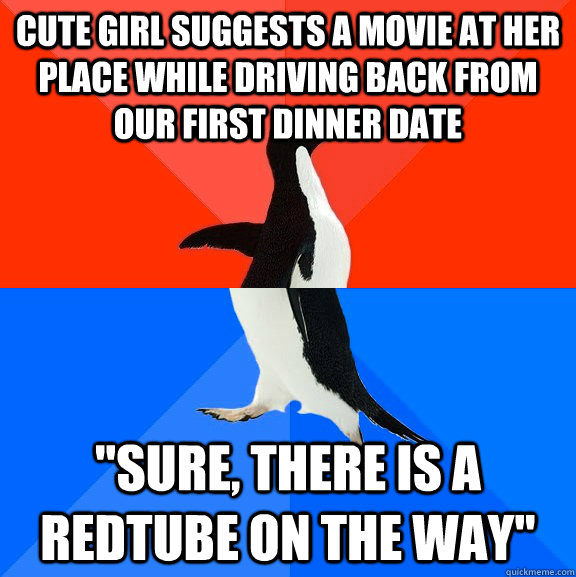 cute girl suggests a movie at her place while driving back from our first dinner date 