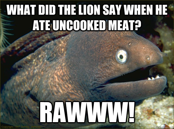 what did the lion say when he ate uncooked meat? rawww!  Bad Joke Eel