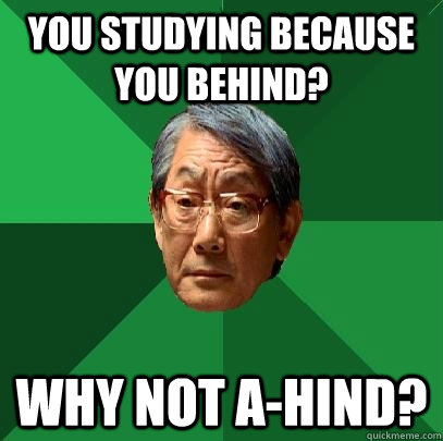 you studying because you behind? Why not A-Hind?  High Expectations Asian Father