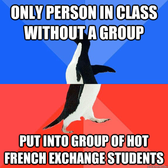 Only person in class without a group Put into group of hot French exchange students  Socially Awkward Awesome Penguin