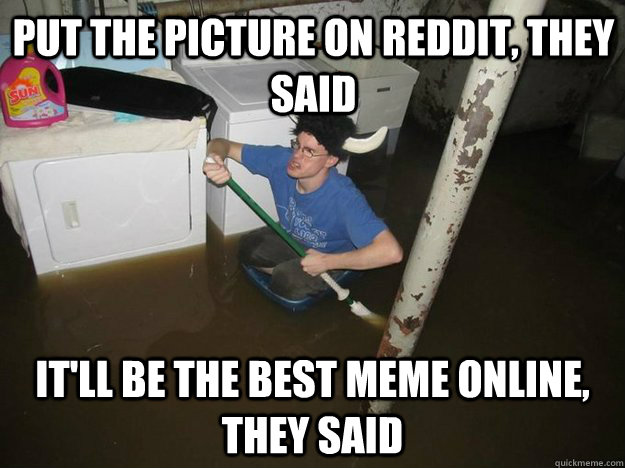 Put the picture on reddit, they said It'll be the best meme online, they said  Do the laundry they said