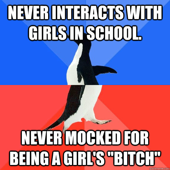 Never interacts with girls in school. Never mocked for being a girl's 