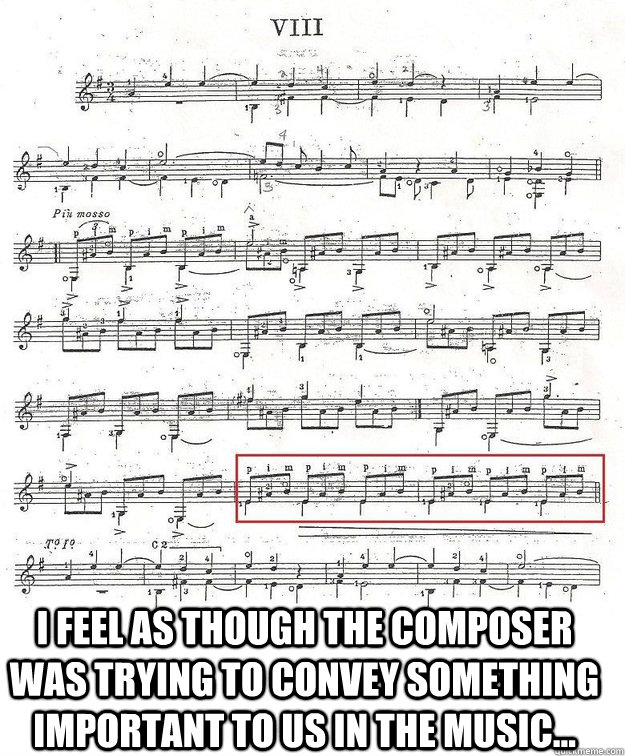  I feel as though the composer was trying to convey something important to us in the music...  Funny guitar sheet music